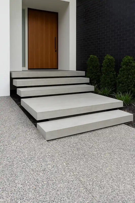 Floating concrete entry steps over an exposed aggregate path at a front door